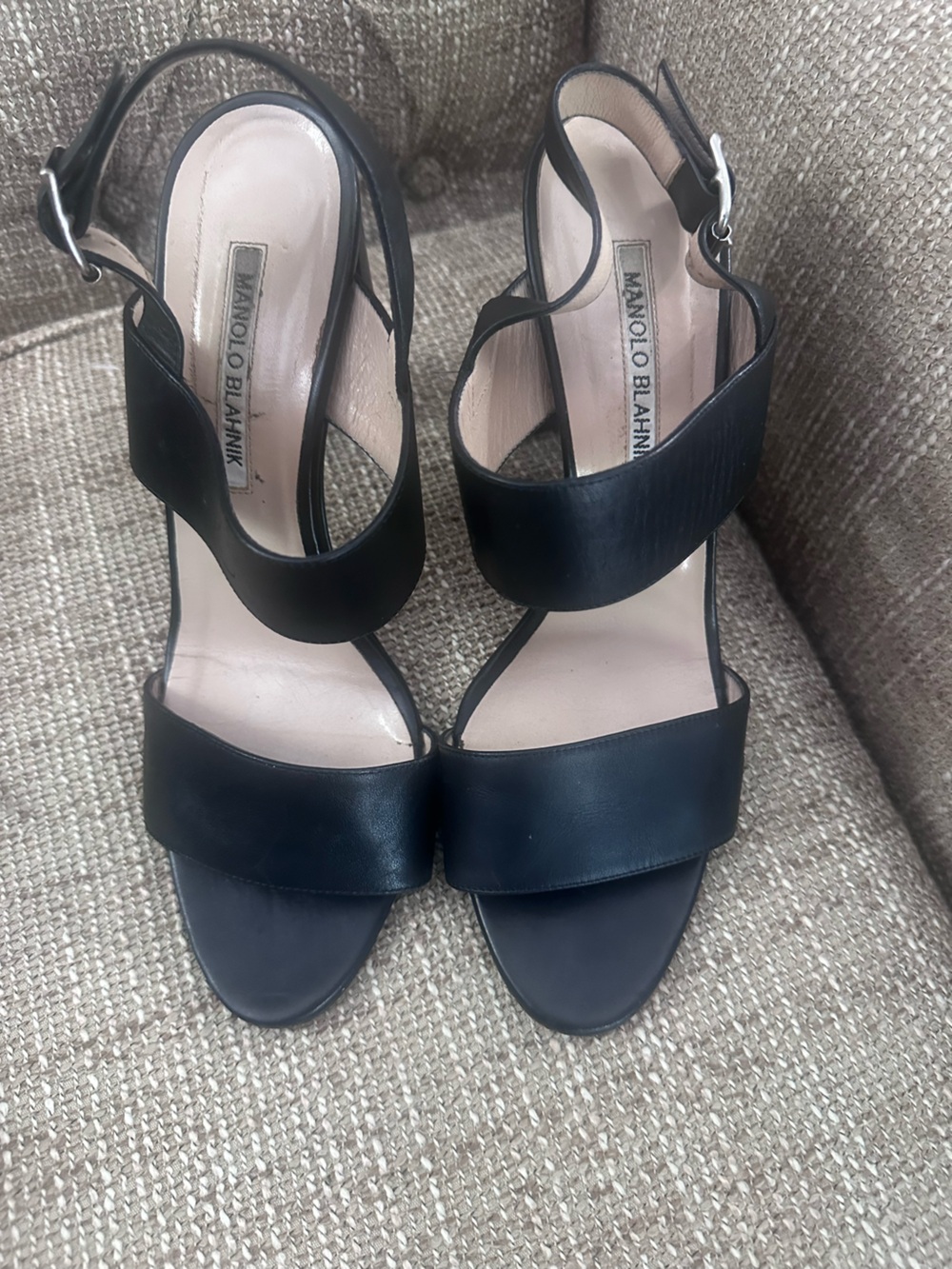 Manolo Blahnik Black Leather Curved-Strap Sandals